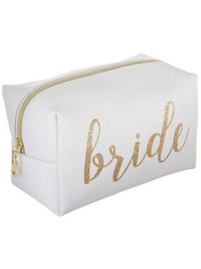 Bride Cosmetic Bag White With Gold Glitter Graphic Print